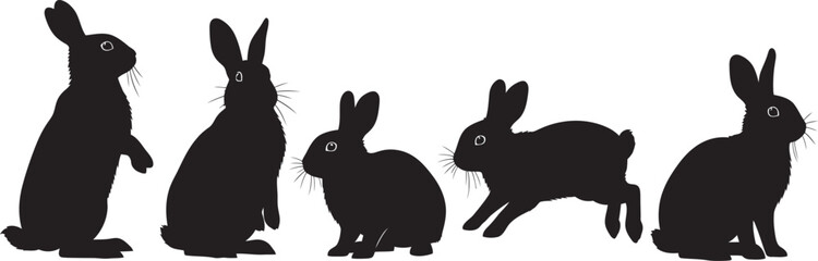 Obraz premium Easter day celebration with five happy rabbits silhouette on white background