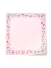Cute pink sticky note with a pastel border of smiling faces, hearts, and stars, perfect for journaling, decorating, or reminders