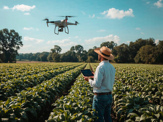 Farmer flying a drone over plantation