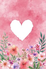 Watercolor floral card with heart frame and pink background, decorated with wildflowers and green leaves