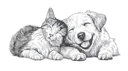 Sleeping kitten and happy puppy resting together in a peaceful moment drawn in detailed monochrome sketch style