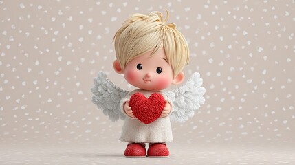 Cute little angel child holding a red heart with white wings and soft pastel background in sweet style