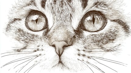 Cat engraving sketch closeup with detailed fur texture and bright expressive eyes in refined vintage style