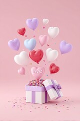 Heart balloons and pastel gift box with confetti bursting upward in pink romantic scene for Valentine design