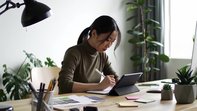 A woman creating 2D animation and motion graphics in a corporate style, using vector style and flat design elements, surrounded by plants in a modern office setting with footage of creative work