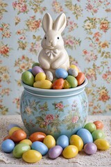 Easter bunny figurine in floral jar surrounded by bright pastel eggs and sweet spring accents on soft background
