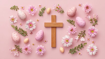 Flat lay Easter design with wooden cross, speckled eggs, and pink spring flowers on pastel pink background