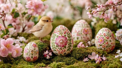 Floral decorated Easter eggs and cute bird on moss surrounded by pink cherry blossoms in springtime setting