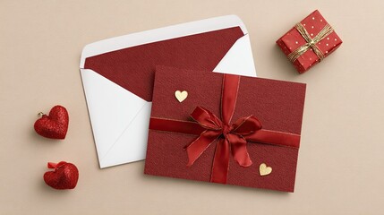 Elegant red envelope with ribbon and golden hearts surrounded by romantic decorations and small gift box