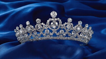 Luxury diamond tiara on royal blue satin fabric background symbolizing elegance, royalty, and prestige