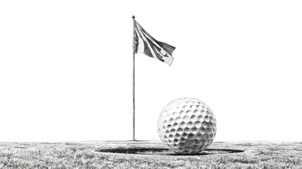 Golf ball on green with engraving detail in classic sketch line style near flag in black white minimal scene