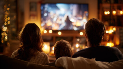 Family of three sitting on a cozy sofa in a warmly lit living room watching television together