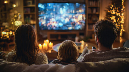 Family of three sitting on cozy sofa watching television in warm, warmly lit living room with candles and wooden shelves
