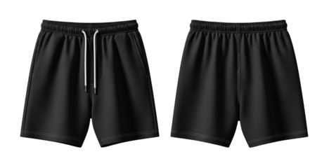 Black Athletic Sweat Shorts Mockup, Front and Back View with Drawstring on Transparent Background