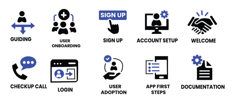 User onboarding solid vector icon collection, welcome, sign up, user guide, tutorial, UX, login and more.