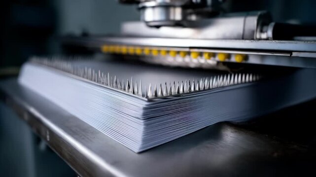 Medium shot capturing a guillotinestyle edge trimmer slicing through paper sheets with sharp clean cuts emphasizing efficiency and accuracy in finishing processes