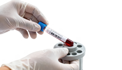 Blood sample tube positioned on a phlebotomy station with gloved hands preparing for analysis illustrating careful sample handling for accurate electrolyte measurement.