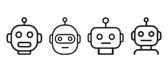 Set of four robot head line icons isolated on white background.