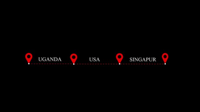 South Asia Route Map with Connected Location Pins on Dark Interface Uganda U S A Singapore. animation on the black background.
