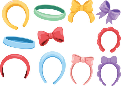 Hair accessory icon set, colorful vector illustrations of headbands, bows, and decorative styles for fashion, kidswear, and design projects