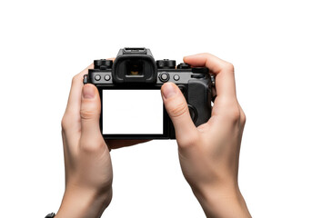 Professional hands gripping a sleek black mirrorless camera, blank white lcd mockup screen, sharp focus, high contrast studio lighting, isolated on a gray background. concept for commercial product