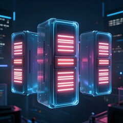 Futuristic server towers with neon lights in dark room
