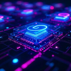 Close-up of a glowing blue microchip with neon lights on a circuit board