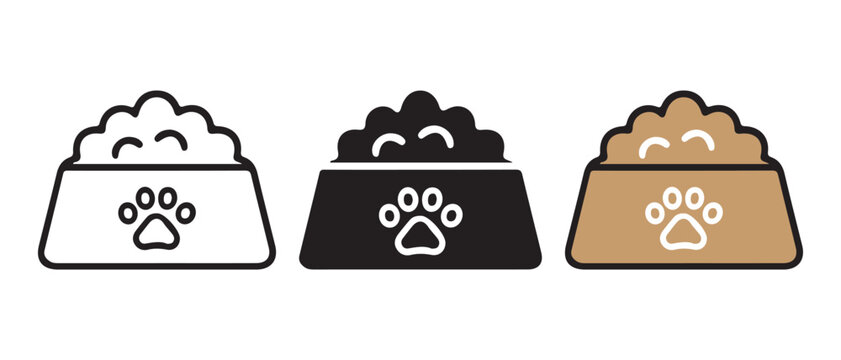 Dog Food Bowl Icons. White, Black, and Brown with Paw Print.
