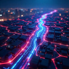 Vibrant neon lights illuminate futuristic cityscape at night