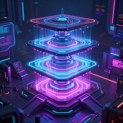 Futuristic neon lit technology tower in cyberpunk setting