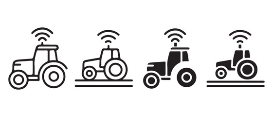 Smart Tractor Icons. Connected Agriculture Technology, Digital Farming Automation.