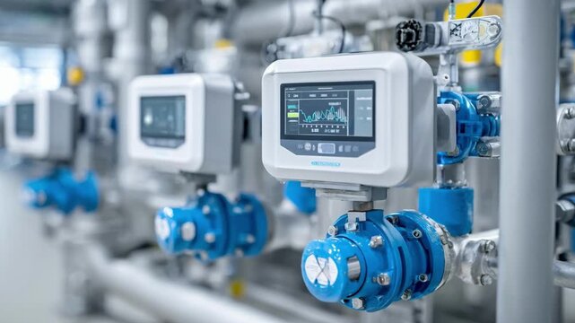 Medium shot capturing flow meters integrated with IoT technology showcasing instant data visualization for process control.