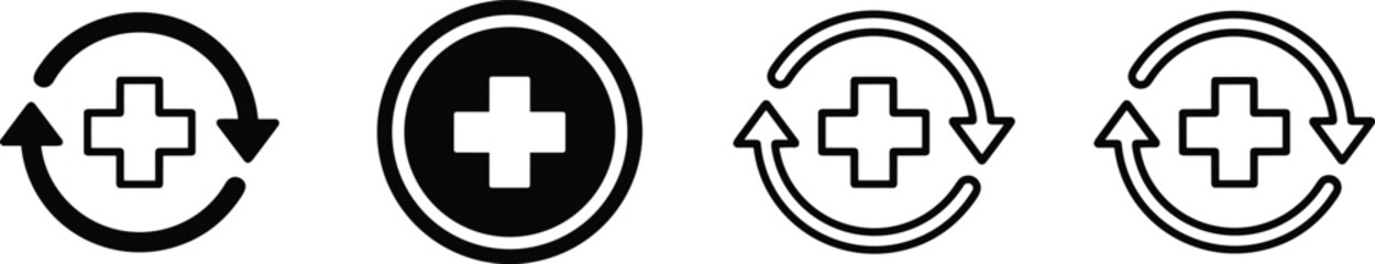 Obraz premium Vector Icon Set Featuring Medical Crosses Enclosed in Circular Refresh Arrows Representing Healthcare Continuity and Prescription Refill Cycles