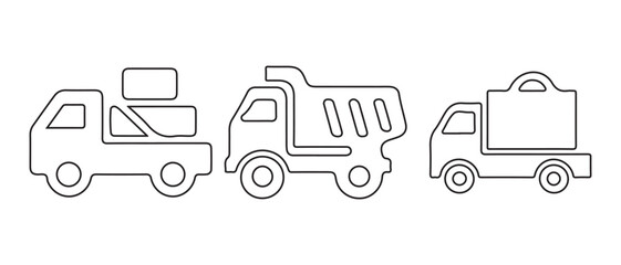 Truck Icons. Dump Truck, Flatbed Truck, Cargo Truck Line Art Set. © CreatetiveDesignX