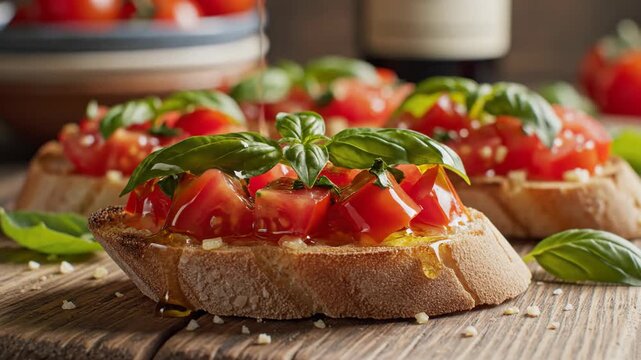 Close up of bruschetta topped with fresh tomatoes and basil on a wooden surface