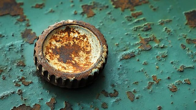 Rusty bottle cap on a weathered green surface