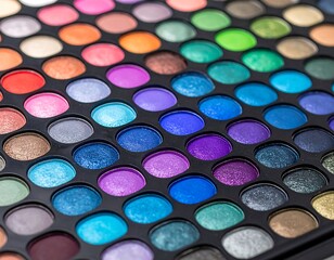 Close-up of eyeshadow palette displaying an array of bright colors