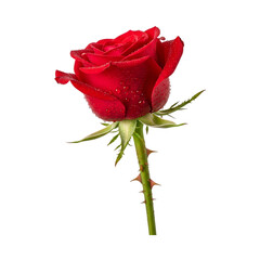 A single beautiful red rose blossom with green leaves and a stem is isolated on a white background, symbolizing love and romance as a perfect floral gift for a Valentine or anniversary