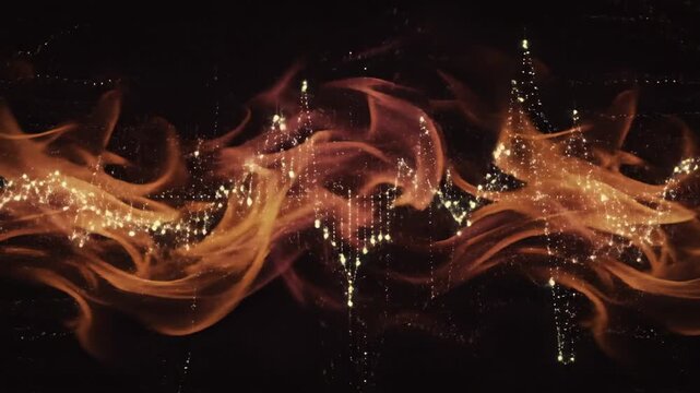 Glowing orange flames intertwine with a network of illuminated particles