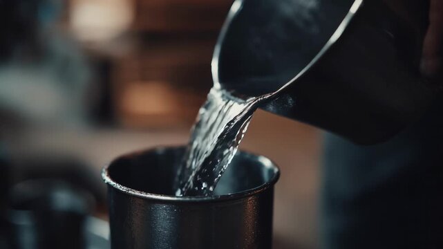 Close medium shot of liquid metal being poured into a calibrated container using a manual dosimetry device emphasizing craftsmanship and precision.