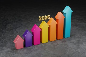 A 3d business graph and financial bar chart illustration showing an upward arrow for market growth, data success, and investment profit progress on a white background