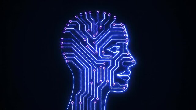 Glowing outline of a head filled with circuits on a black background