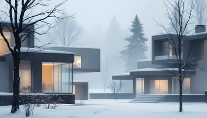 Modern cubic residential buildings in a winter forest landscape.