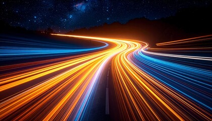 Long exposure shot of a road with vibrant light trails against a starry night sky. The image captures the dynamic movement of vehicles
