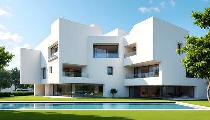 Luxury contemporary white villa with a large outdoor swimming pool on a manicured green lawn under a bright sunny blue sky for vacation rental branding.