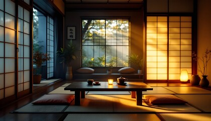 Interior view of a traditional Japanese tea room with tatami mat flooring and sliding shoji doors featuring a low wooden table with tea set illuminated by warm sunset light through windows.