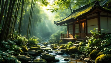 Traditional wooden Japanese house built over a rocky flowing river in a lush green bamboo forest with morning sunlight rays filtering through the thick jungle canopy.