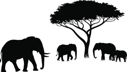 Fototapeta premium Elephant silhouettes with large tree, African wildlife artwork symbolizing savanna nature and family herd scene