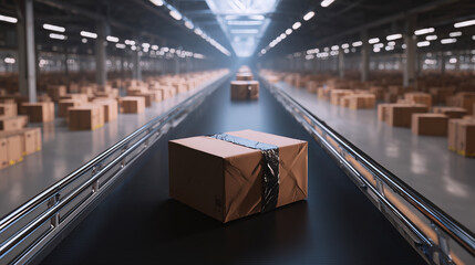 Package moving on conveyor belt in large modern logistics distribution center