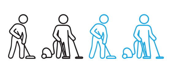 Man Cleaning with Vacuum Cleaner Icons Set. Black and Blue Line Art Figures.